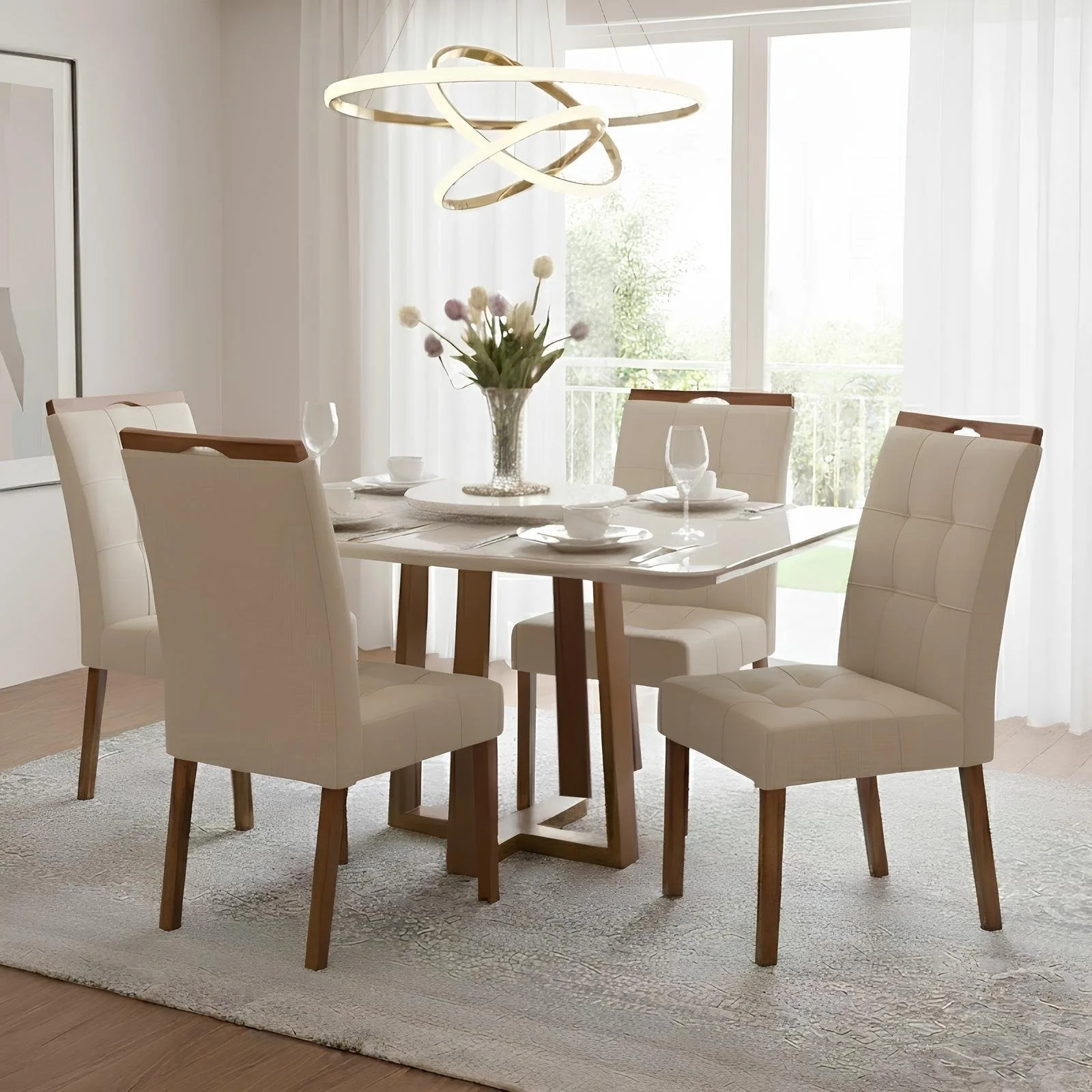 Mesa Pedro 90 Mel/Off White com 4 Cadeiras Sophia Linho Bege 200 – ART ASSENTOS + WM DECOR