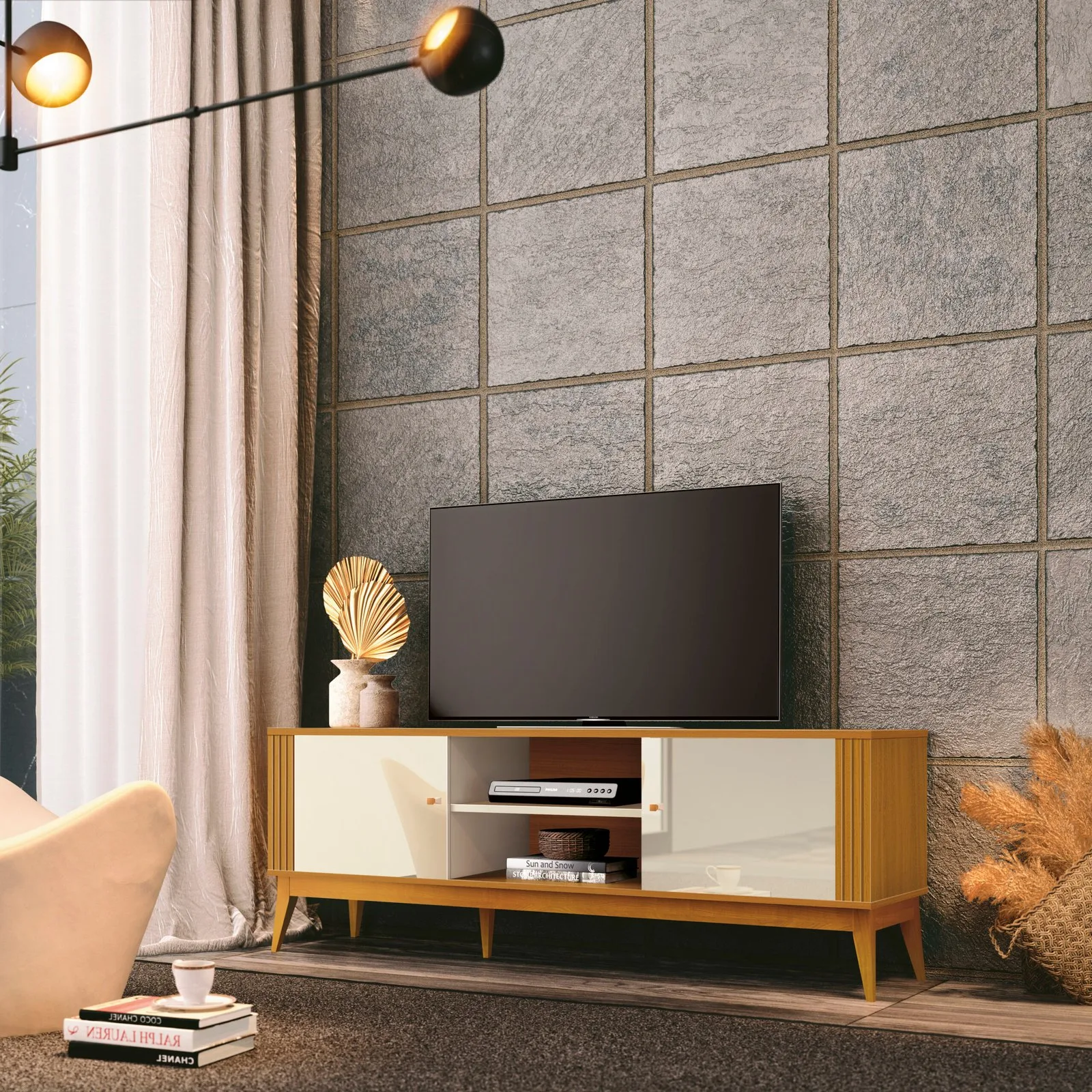 Rack até 60″ Legacy 1.6 Off White/Cedro Natural – EDN MÓVEIS