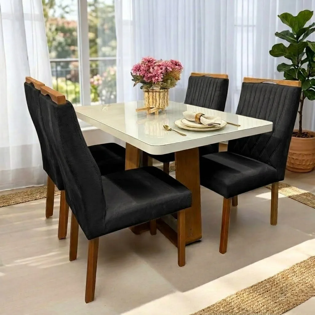 Mesa Sintonia (Tampo Maxi) 120 Amêndoa Clean/Off White com 4 Cadeiras Gênova Veludo Preto – LOPAS + ART ASSENTOS