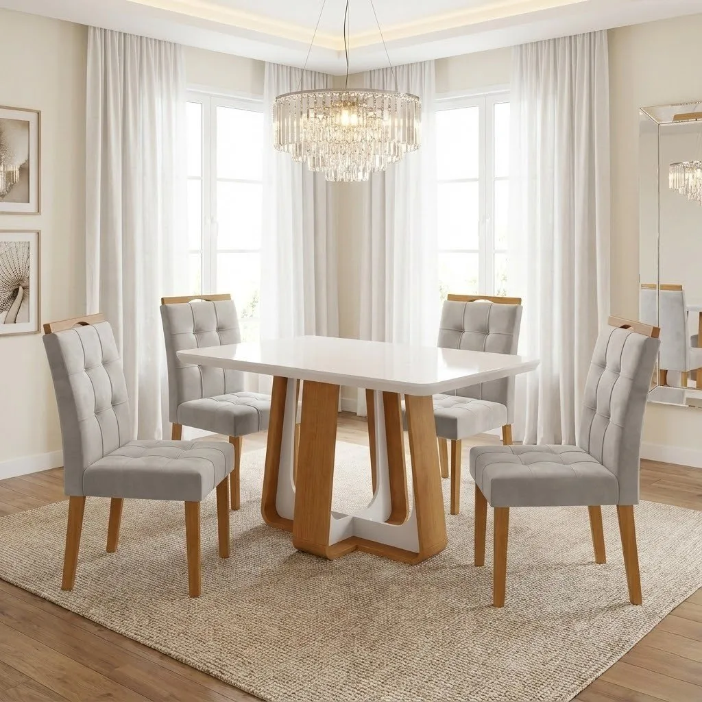 Mesa Sintonia (Tampo Maxi) 120 Amêndoa Clean/Off White com 4 Cadeiras Sophia Veludo Bege – LOPAS + WM DECOR