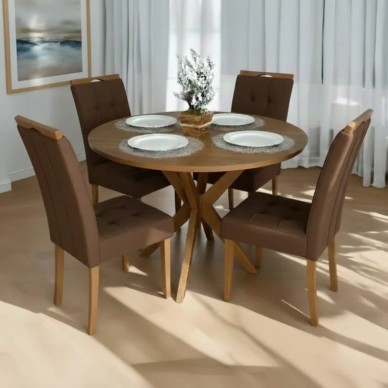 Mesa Redonda Simpatia 108 Cinamomo com 4 Cadeiras Sophia Veludo Marrom – JCM MOVELARIA + WM DECOR