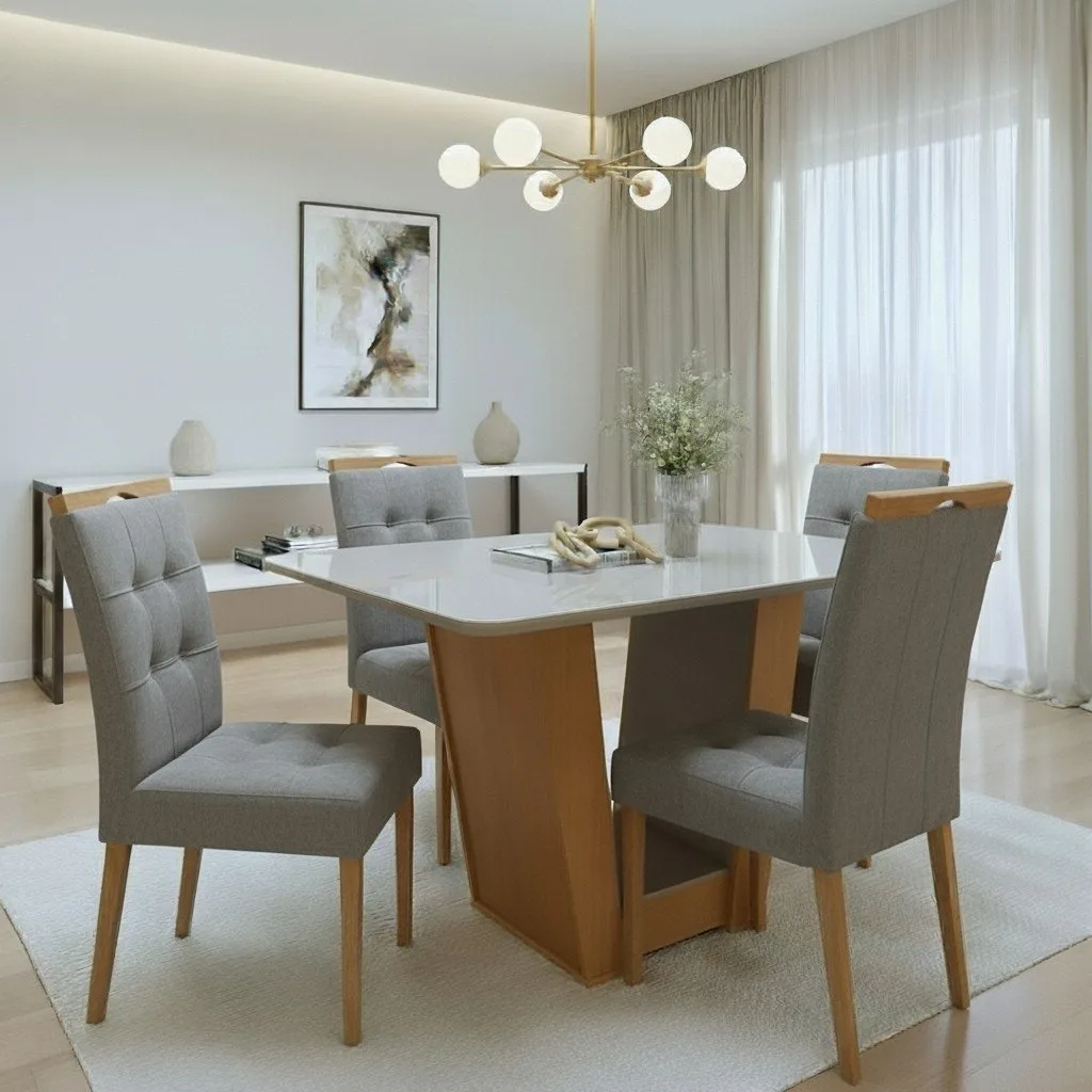 Mesa Apogeu (Tampo Maxi) 120 Amêndoa Clean/Off White com 4 Cadeiras Sophia Veludo Cinza Grafite – LOPAS + WM DECOR