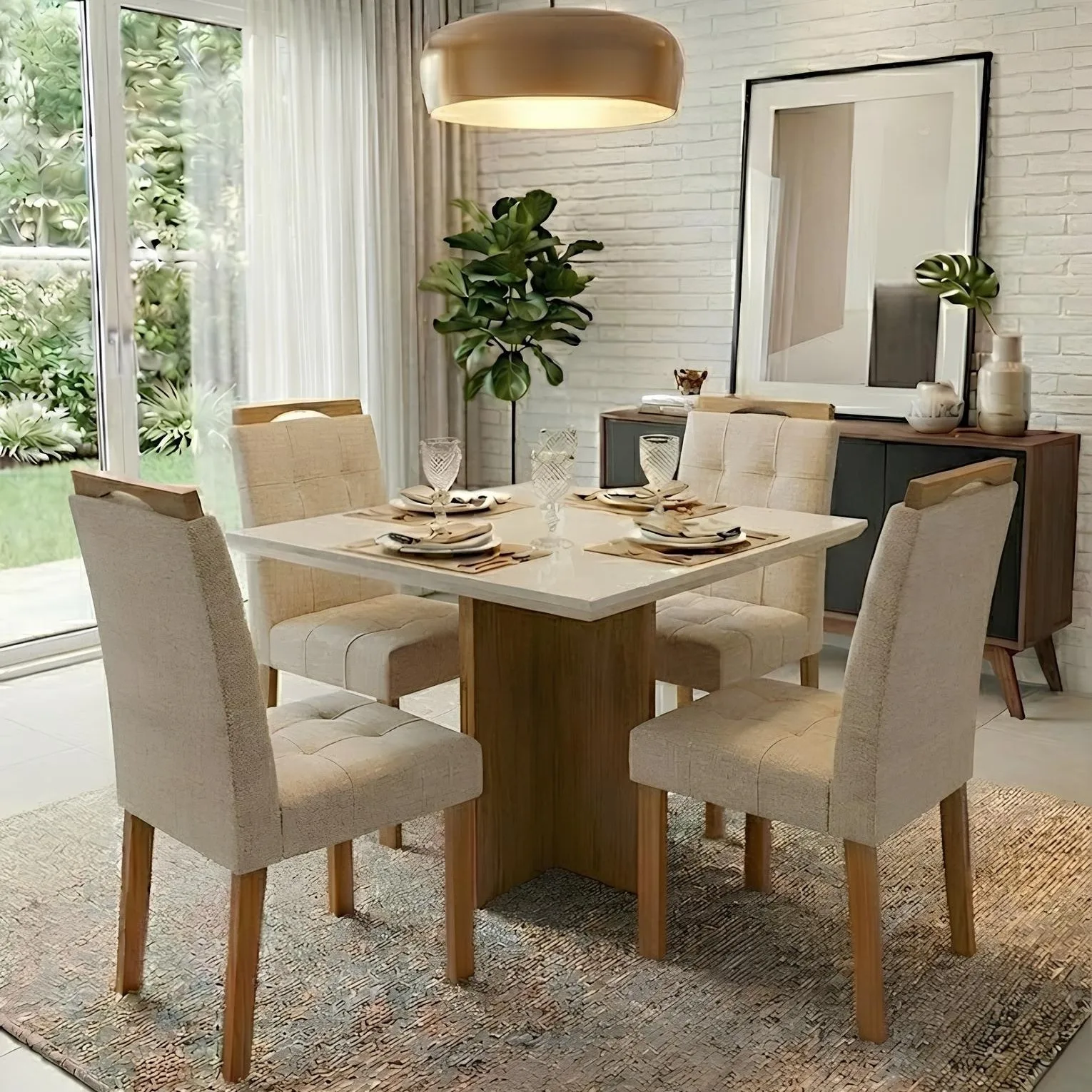 Mesa Salinas/Helô/Los Angeles 90 Cinamomo/Off White com 4 Cadeiras Sophia Linho Bege 200 – CEL MÓVEIS + WM DECOR