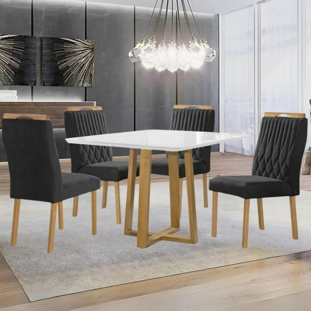 Mesa Pedro 90 Mel/Off White com 4 Cadeiras Gênova Veludo Preto – ART ASSENTOS