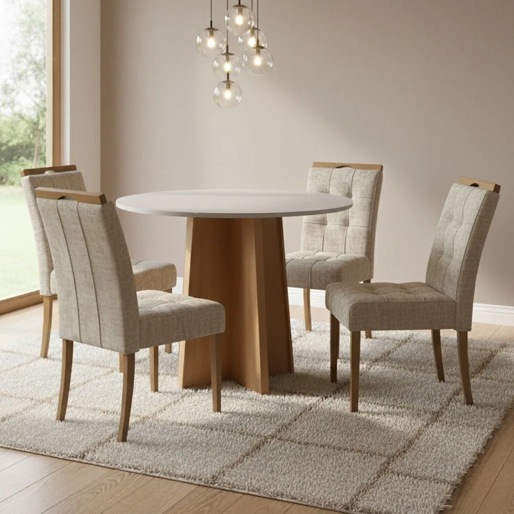 Mesa Redonda Celebrare 100 Amêndoa Clean/Off White com 4 Cadeiras Sophia Linho Bege 200 – LOPAS + WM DECOR