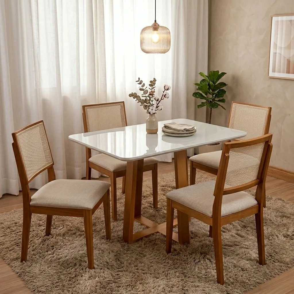 Mesa Pedro 120 Mel/Off White com 4 Cadeiras Dubai Mel/Linho Bege 614 – ART ASSENTOS