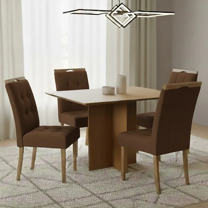Mesa Pérola 90 Imbuia Mel (Tampo Viena s/vidro) com 4 Cadeiras Sophia Veludo Marrom – CARVALHO DECOR + WM DECOR