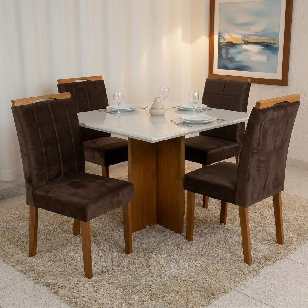 Mesa Salinas 90 (Tampo Dakota c/vidro) Cinamomo/Off White com 4 Cadeiras Las Vegas Veludo Marrom 17 – CEL MÓVEIS + OURO