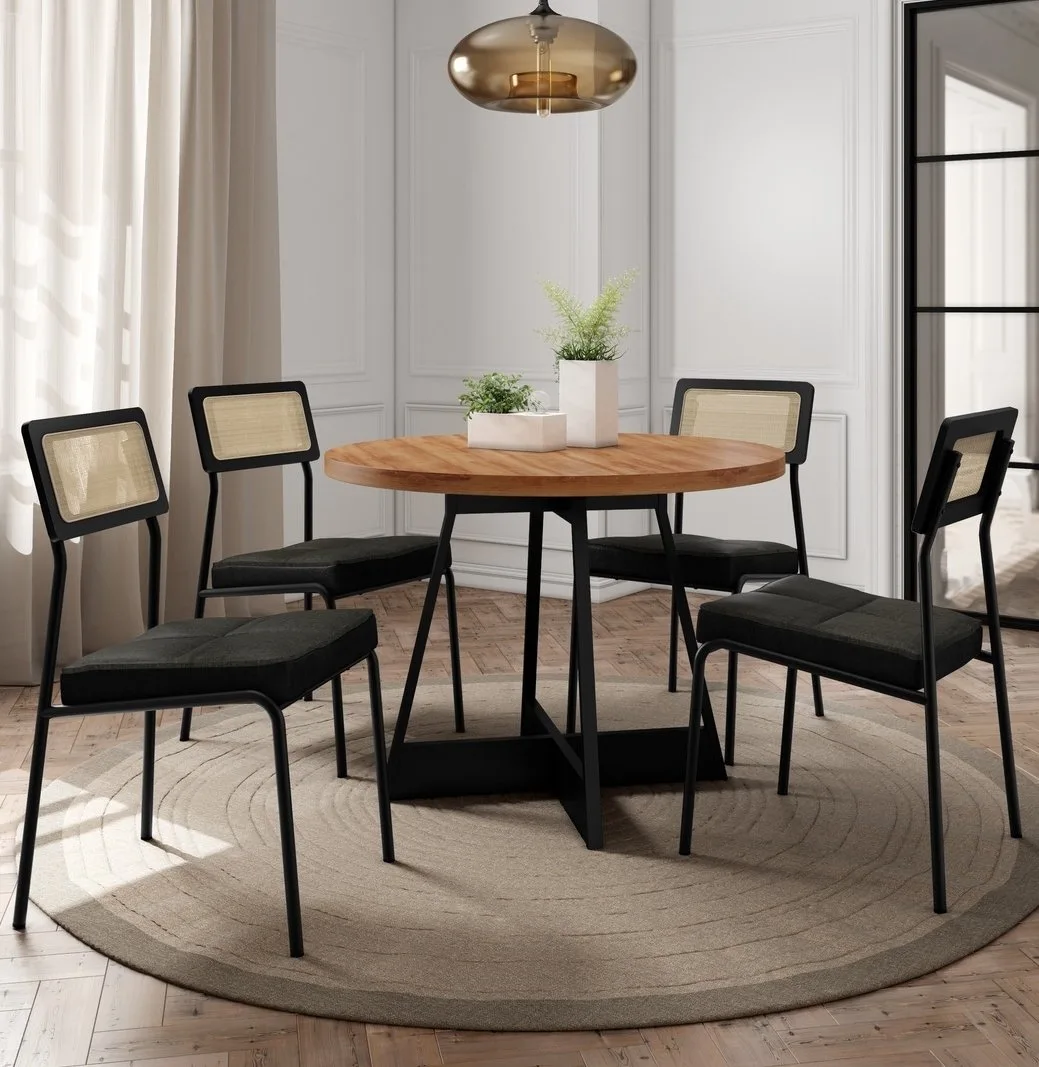 Mesa Átria 1594 Redonda 100 Preto/Nogal com 4 Cadeiras Lux 1741 Preto/Linho Grafite/Corino Preto – CARRARO MÓVEIS