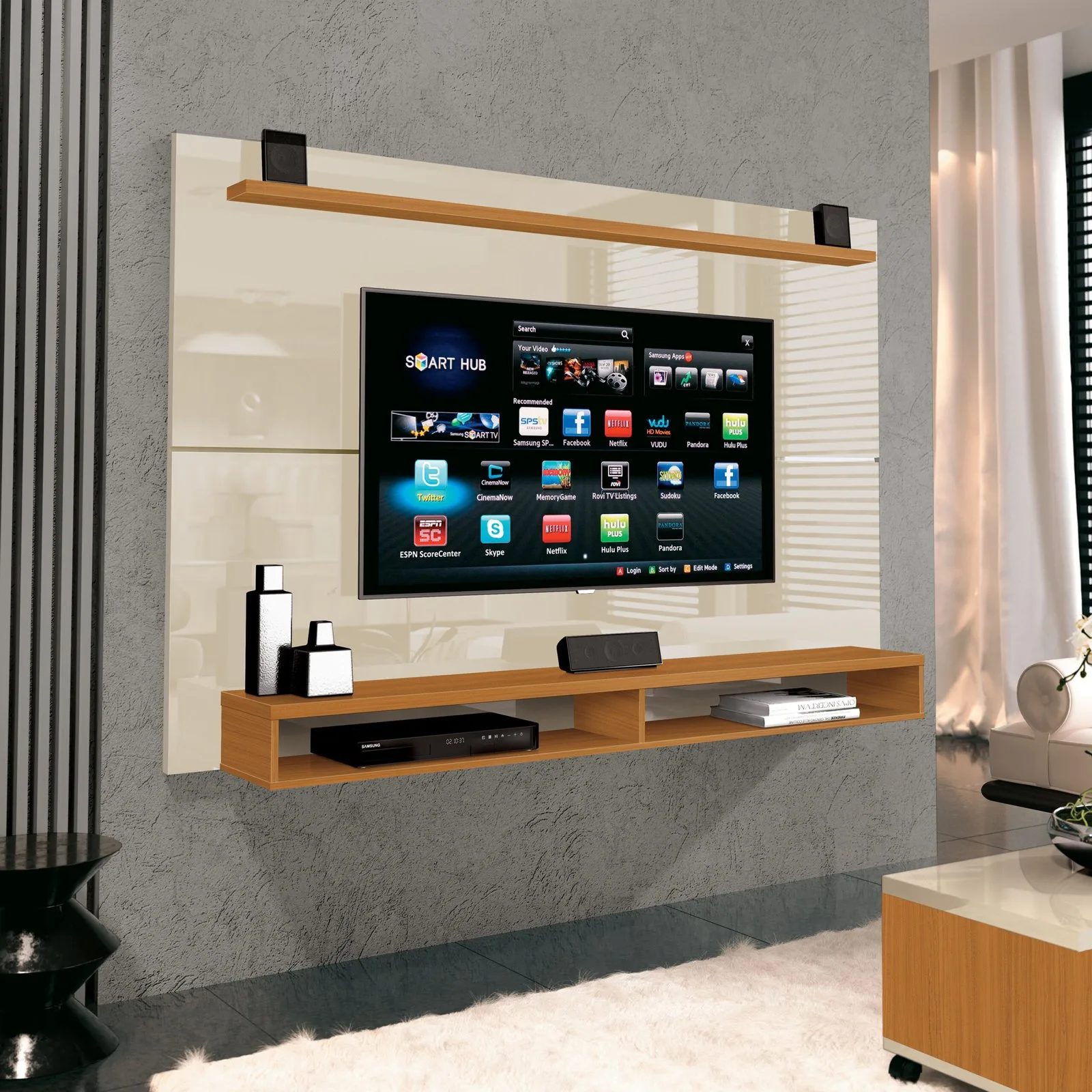 Painel até 65″ Maxi Off White/Cedro – EDN MÓVEIS