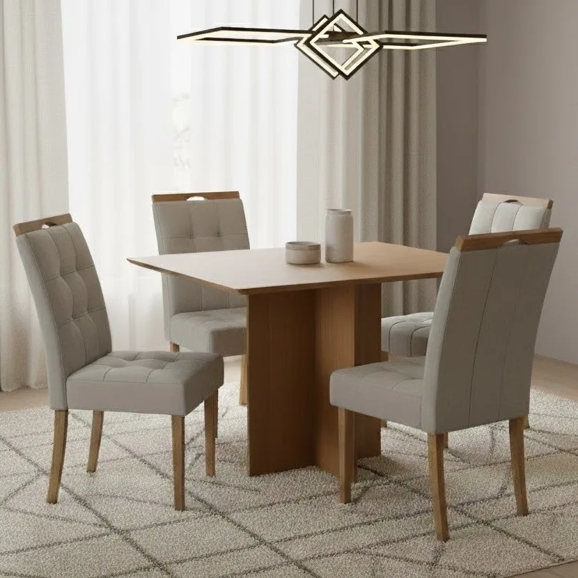 Mesa Pérola 120 Imbuia Mel (Tampo Viena s/vidro) com 4 Cadeiras Sophia Veludo Bege – CARVALHO DECOR + WM DECOR