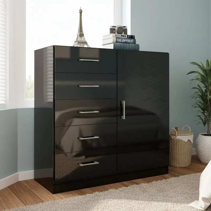 Cômoda 5 Gavetas com Sapateira Miami Preto – FELLICCI