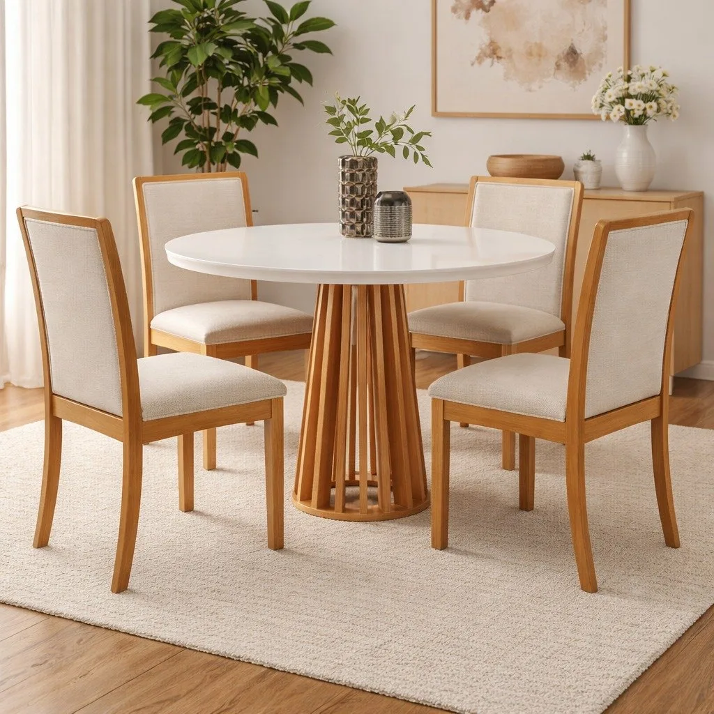 Mesa Berlim 100 Cinamomo/Off White com 4 Cadeiras Lara 2CMM007CA Linho Areia – CEL MÓVEIS + KAPPESBERG