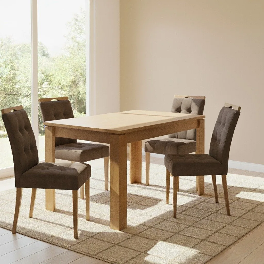 Mesa Athenas 120 Amêndoa Clean com 4 Cadeiras Sophia Veludo Marrom – LOPAS + WM DECOR