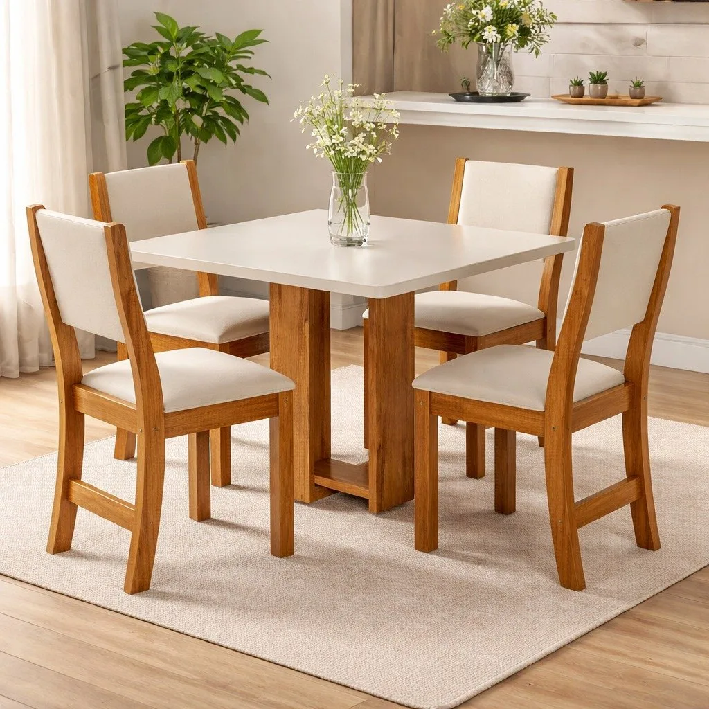 Mesa Anjo/Angel 90 Mel/Blonde/Off White com 4 Cadeiras Sol Linho Bronze – VIERO MÓVEIS