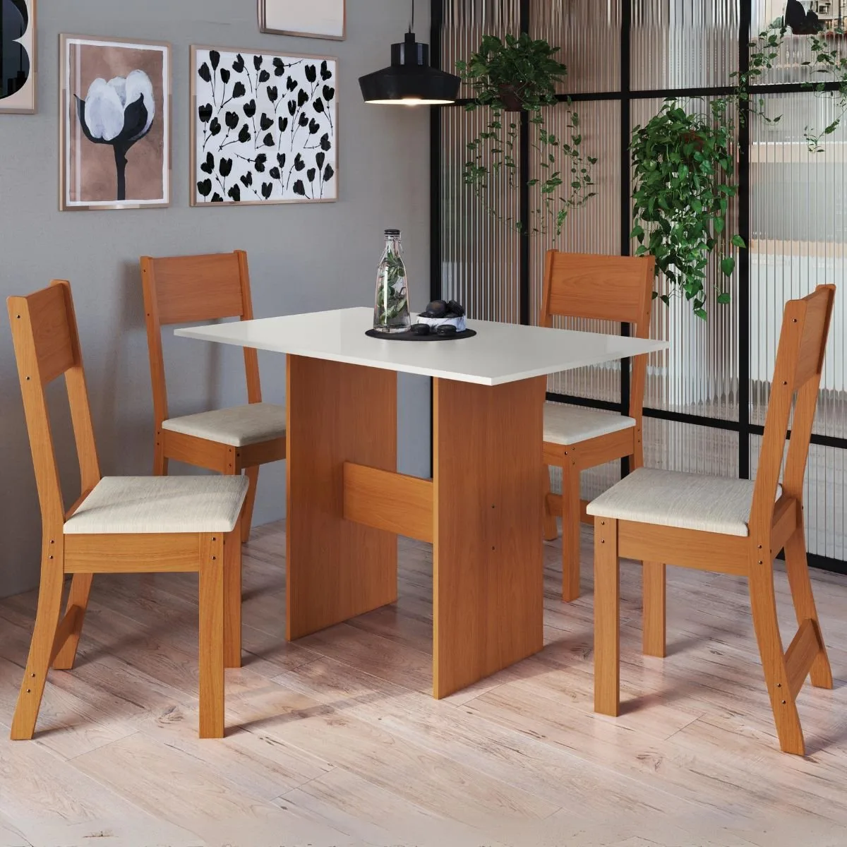 Mesa Karla 108 Freijó/Off White com 4 Cadeiras Linho Bege – INDÉKES