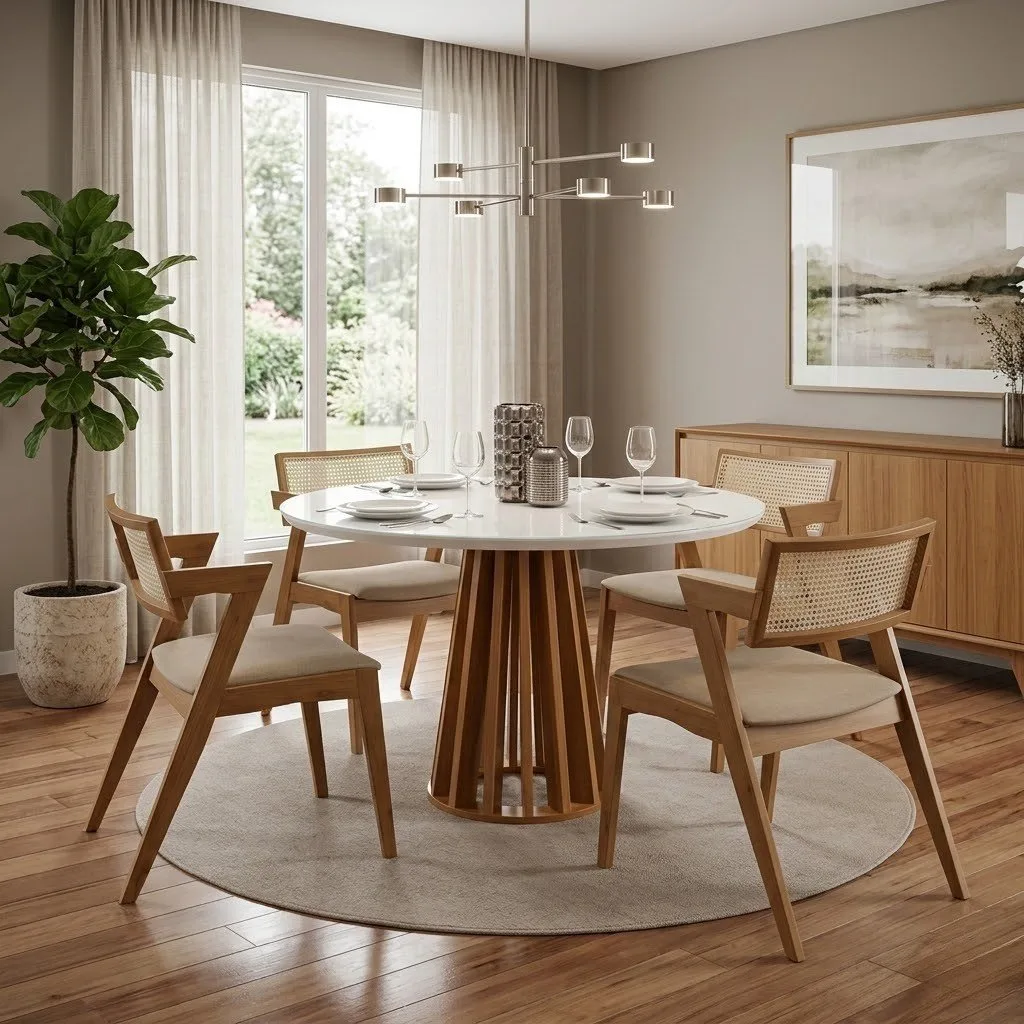 Mesa Berlim 100 Cinamomo/Off White com 4 Cadeiras Zeus Linho Bege – CEL MÓVEIS + SALA VIP MOVELARIA