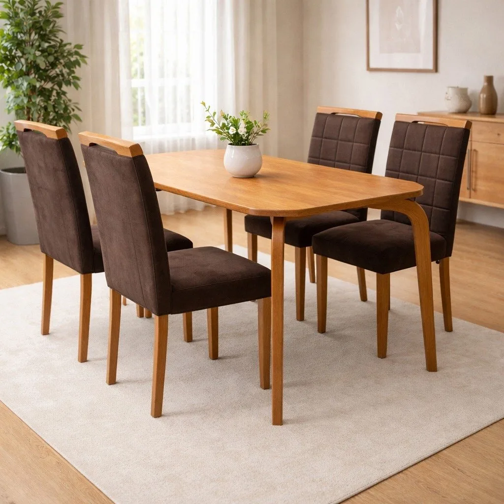 Mesa Capri 120 (S/Vidro) Laminado Natural com 4 Cadeiras Las Vegas Veludo Marrom 17 – MÓVEIS VALVERDE + OURO DECOR