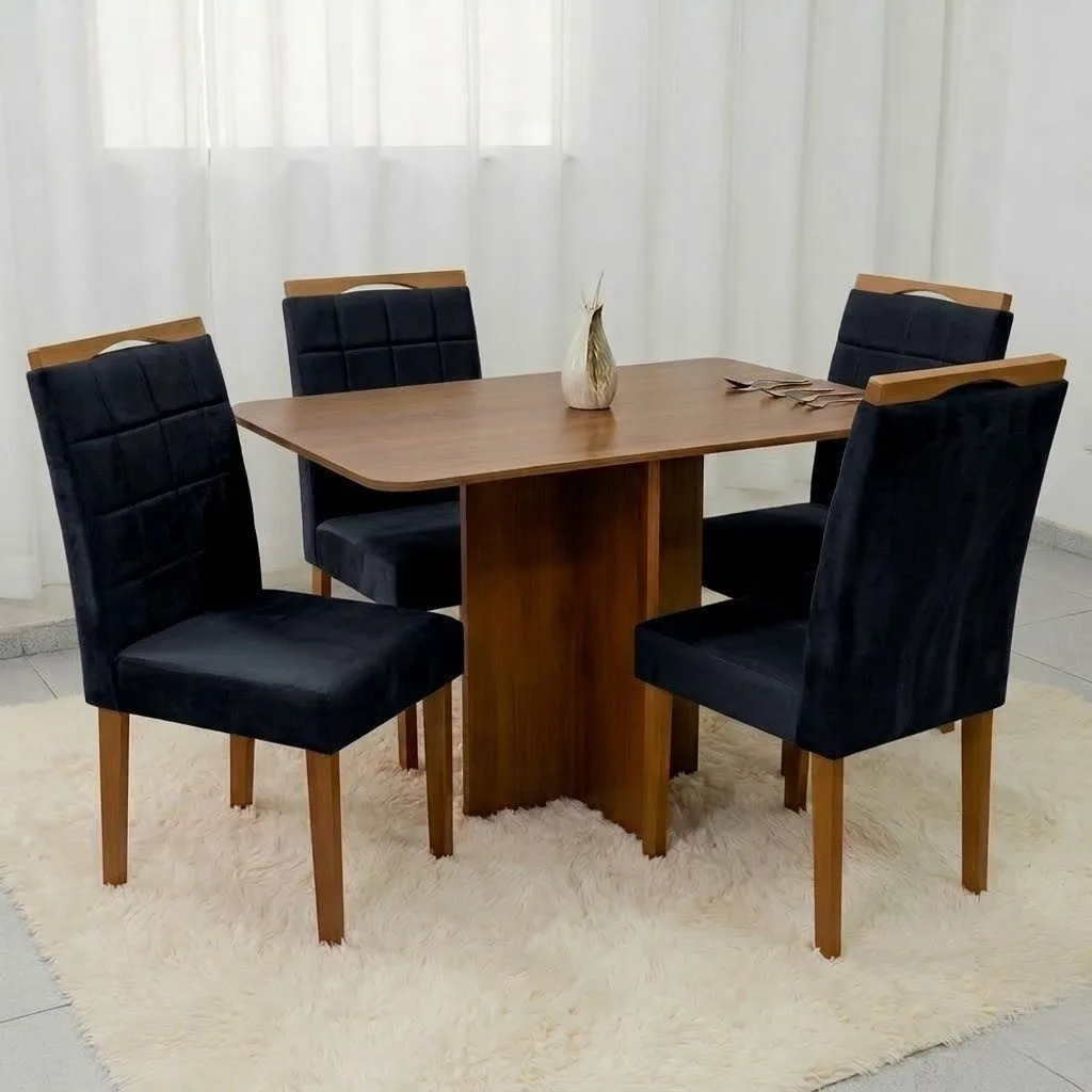 Mesa Salinas 120 (Tampo Londres s/vidro) Cinamomo/Off White com 4 Cadeiras Las Vegas Veludo Preto 13 – CEL MÓVEIS + OURO