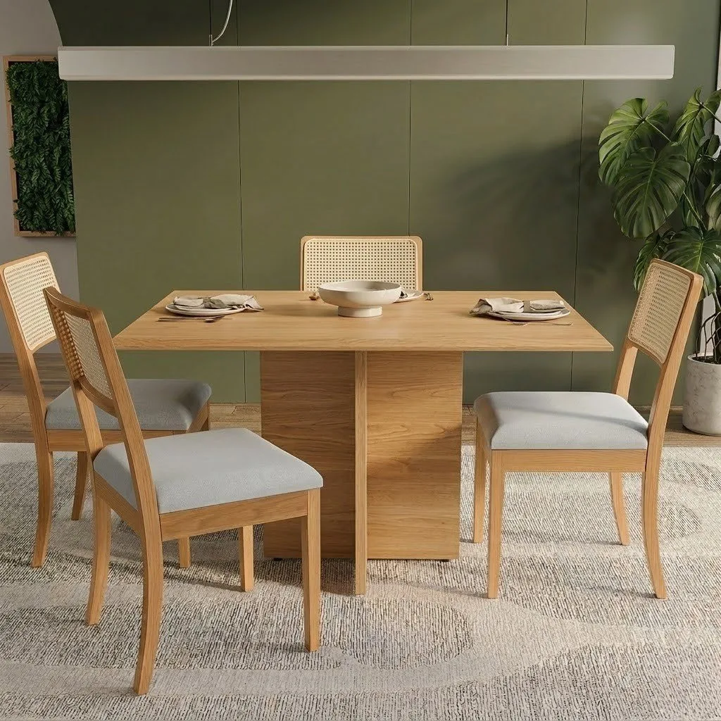 Mesa Pérola 120 Imbuia Mel (Tampo Viena s/vidro) com 4 Cadeiras Lola Linho Gelo A077A – CARVALHO DECOR + KAPPESBERG