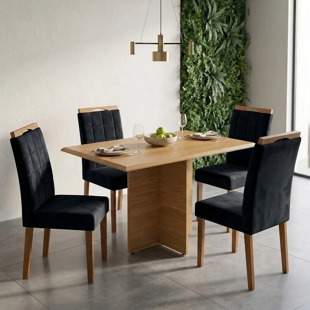 Mesa Pérola 120 Imbuia Mel (Tampo Viena s/vidro) com 4 Cadeiras Las Vegas Veludo Preto 13 – CARVALHO DECOR + OURO DECOR