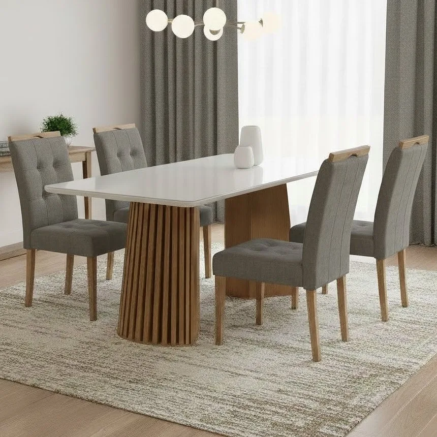 Mesa Nevada 120 (Tampo Smart Plus) Cinamomo/Off White com 4 Cadeiras Sophia Veludo Cinza Grafite – CEL MÓVEIS + WM DECOR