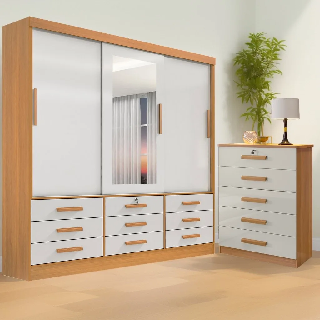 Guarda-Roupa 3 Portas Meridian + Cômoda Ipanema Cinamomo/Off White – D’DORO MÓVEIS