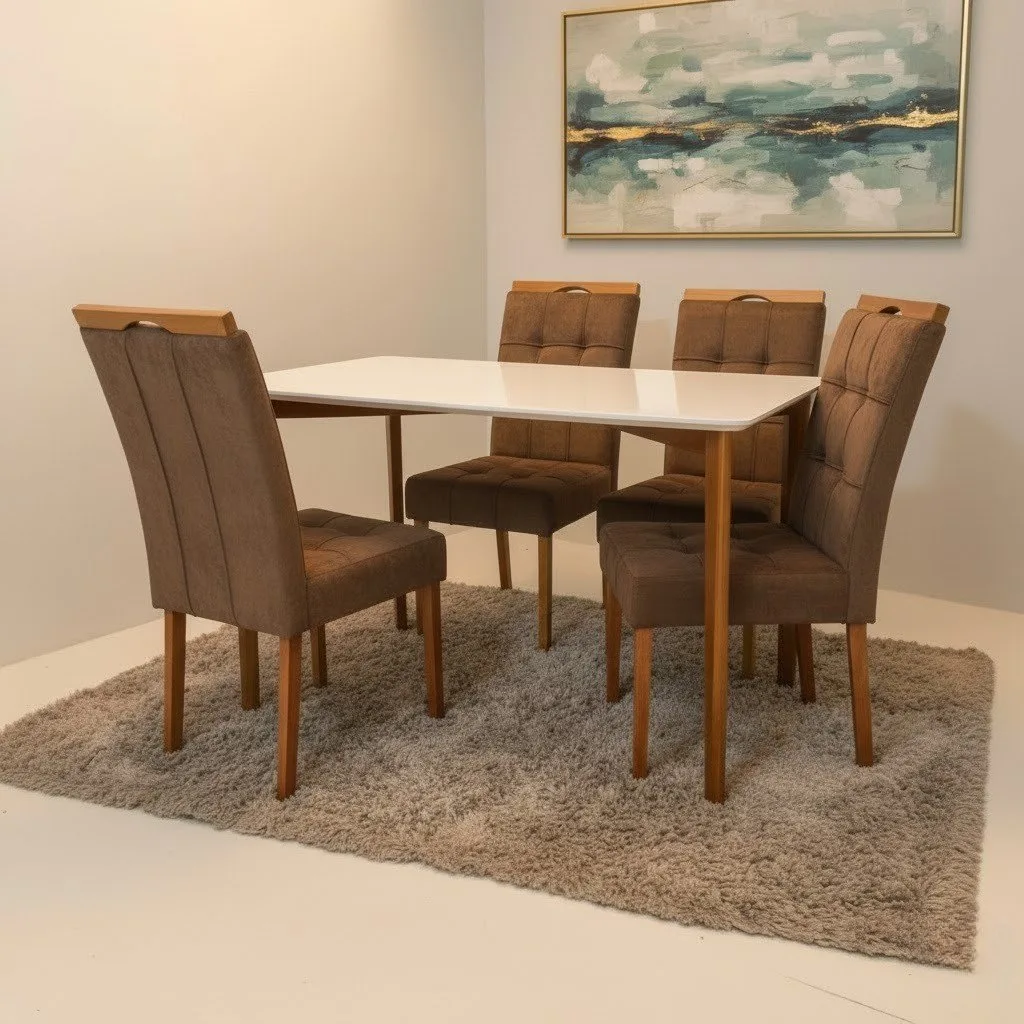 Mesa Ravena 120 Naturale/Off White com 4 Cadeiras Sophia Veludo Marrom – CLEFATOS DECOR + WM DECOR