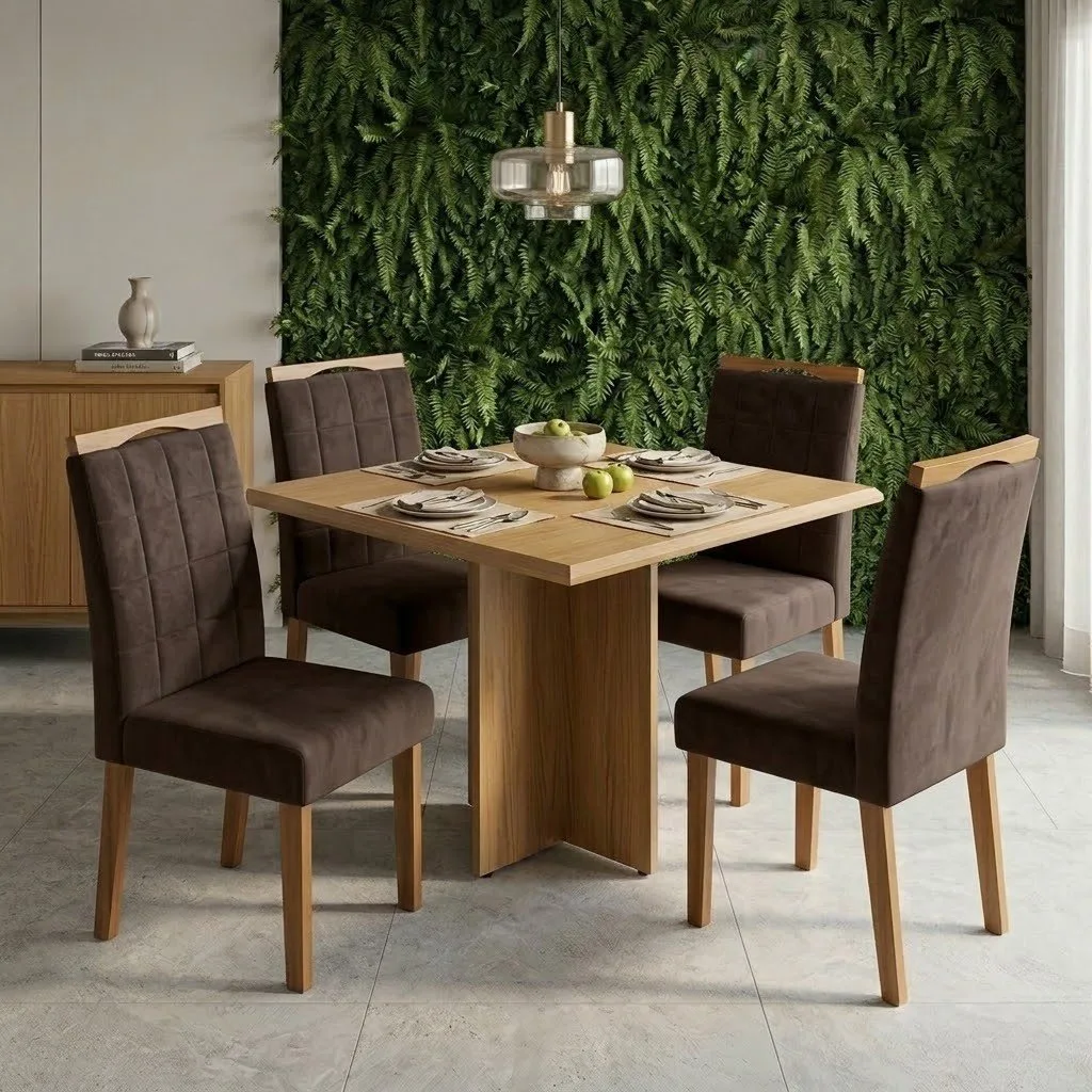 Mesa Pérola 90 Imbuia Mel (Tampo Viena s/vidro) com 4 Cadeiras Las Vegas Veludo Marrom 17 – CARVALHO DECOR + OURO DECOR