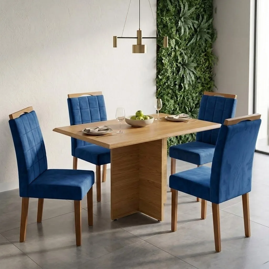 Mesa Pérola 120 Imbuia Mel (Tampo Viena s/vidro) com 4 Cadeiras Las Vegas Veludo Azul 24 – CARVALHO DECOR + OURO DECOR