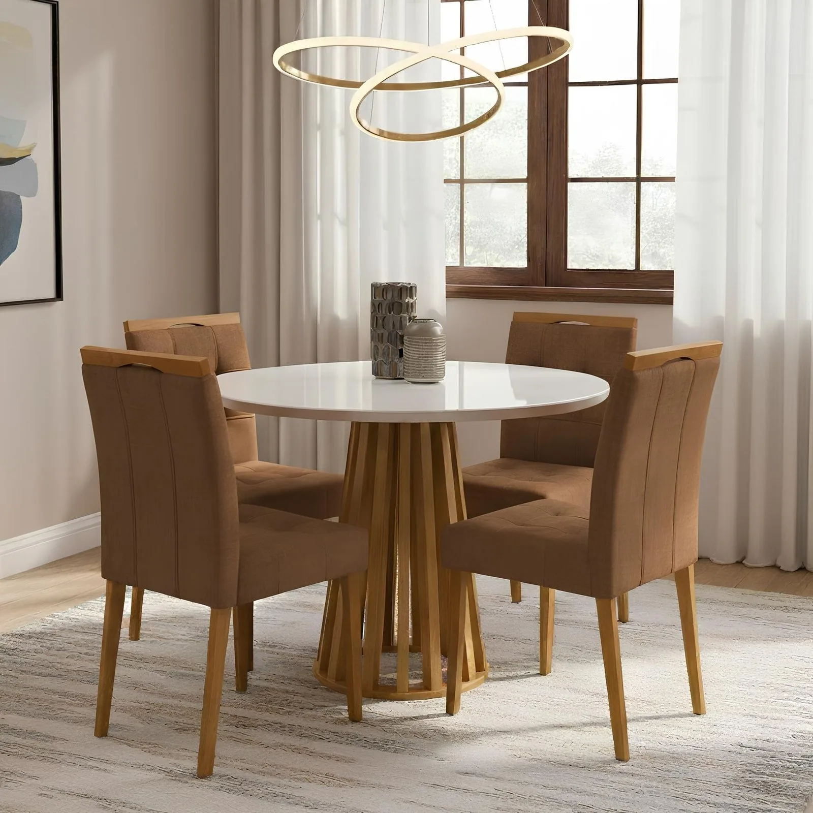 Mesa Redonda Berlim 100 Cinamomo/Off White com 4 Cadeiras Sophia Veludo Marrom – CEL MÓVEIS + WM DECOR