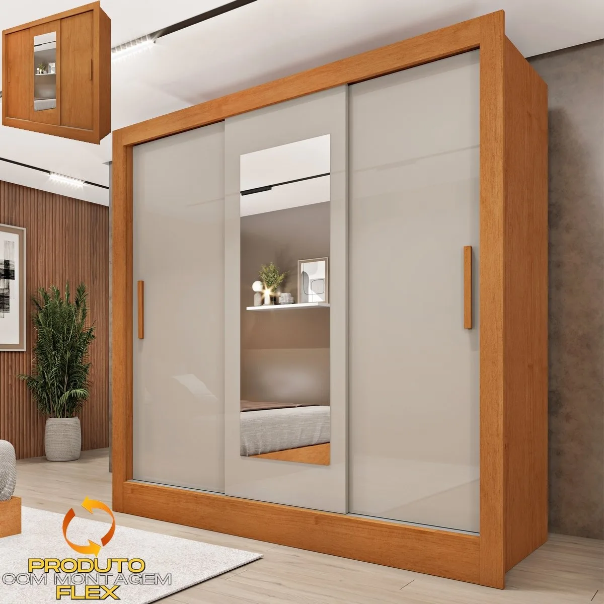 Guarda-Roupa 3 Portas Valência/Turia 1,90 m Cinamomo/Off White/Cinamomo – TCIL