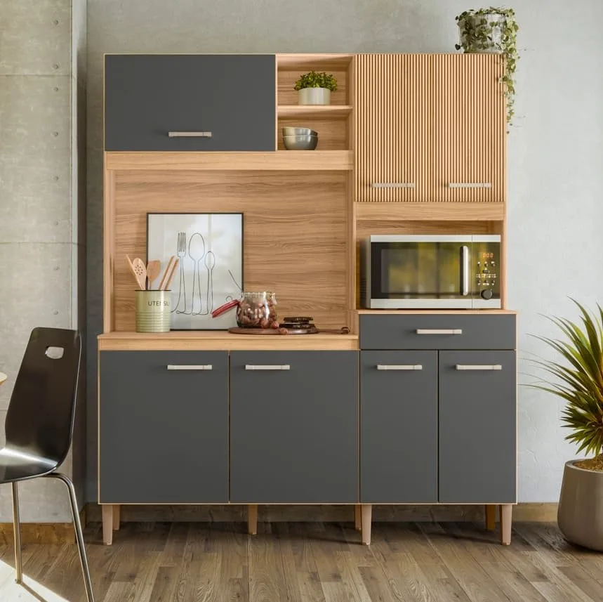 Kit Cozinha Yara 1,60 m Freijó/Chumbo/Ripado – NICIOLI