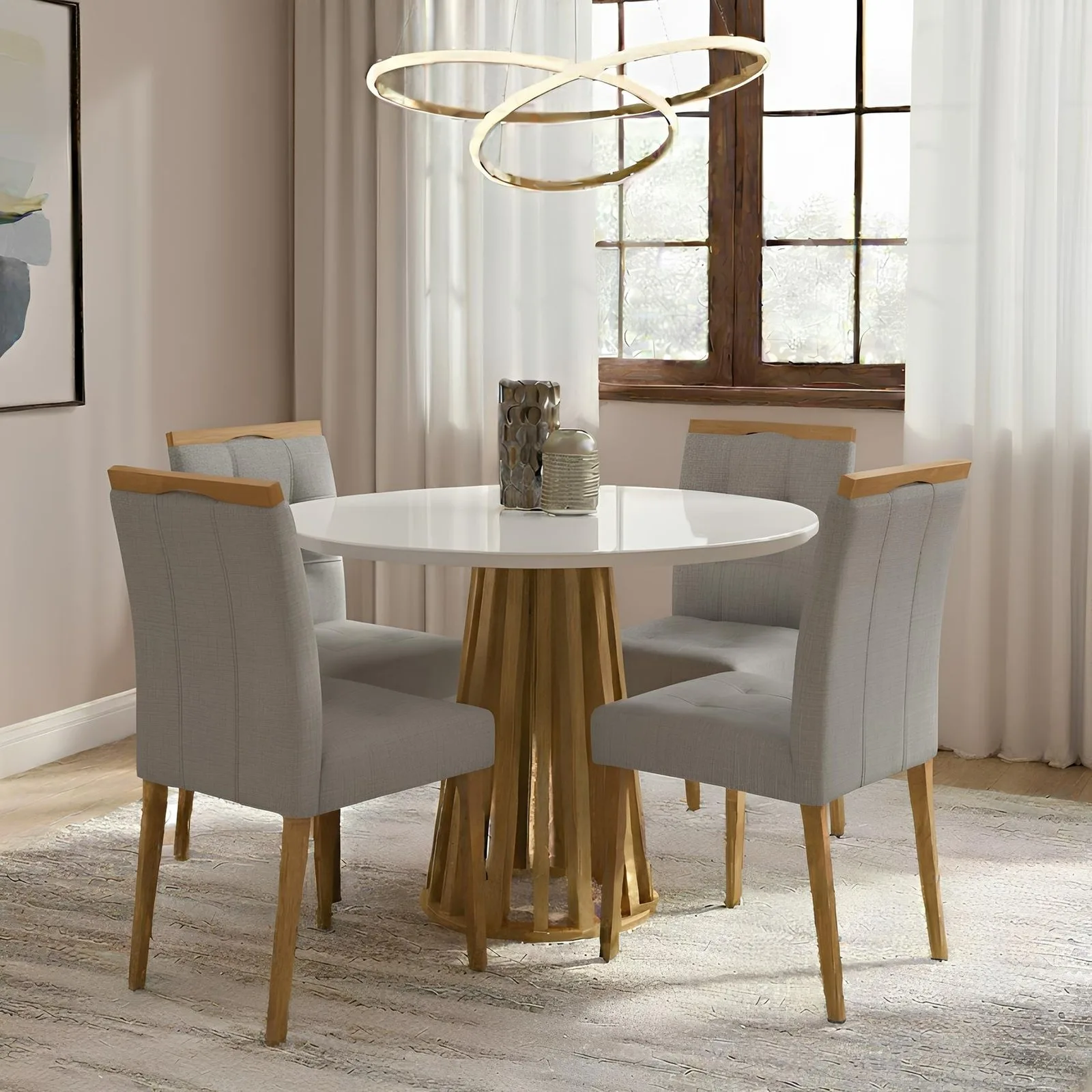 Mesa Redonda Berlim 100 Cinamomo/Off White com 4 Cadeiras Sophia Linho Cinza Grafite 206 – CEL MÓVEIS + WM DECOR