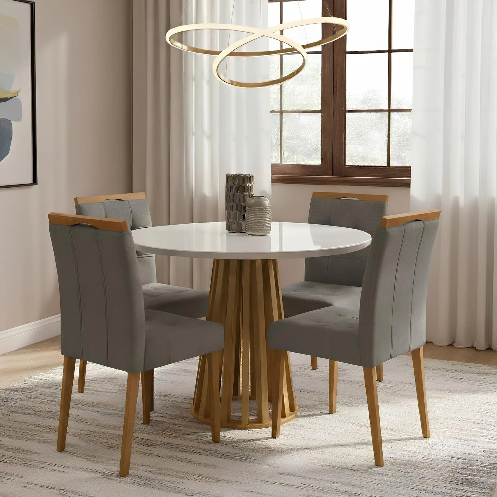 Mesa Redonda Berlim 100 Cinamomo/Off White com 4 Cadeiras Sophia Veludo Cinza Grafite – CEL MÓVEIS + WM DECOR