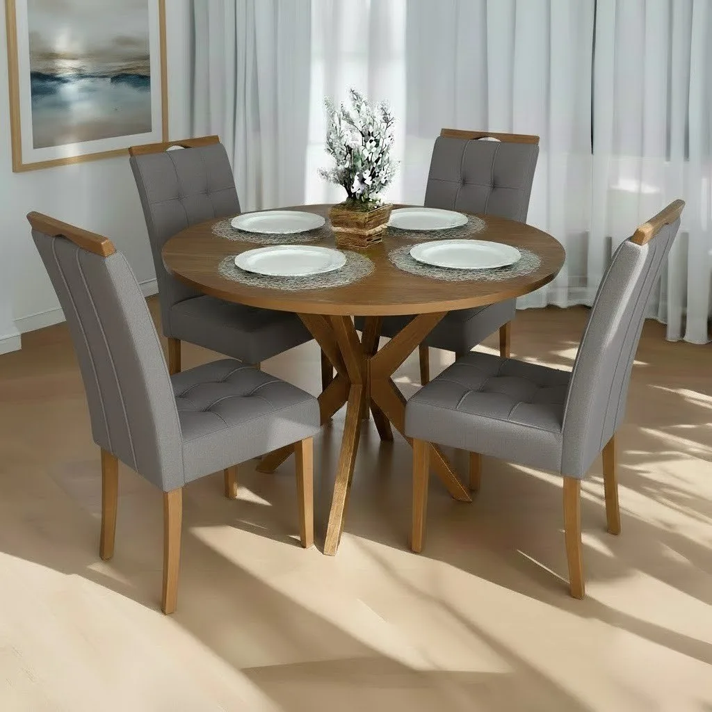 Mesa Redonda Simpatia 108 Cinamomo com 4 Cadeiras Sophia Veludo Cinza Grafite – JCM MOVELARIA + WM DECOR