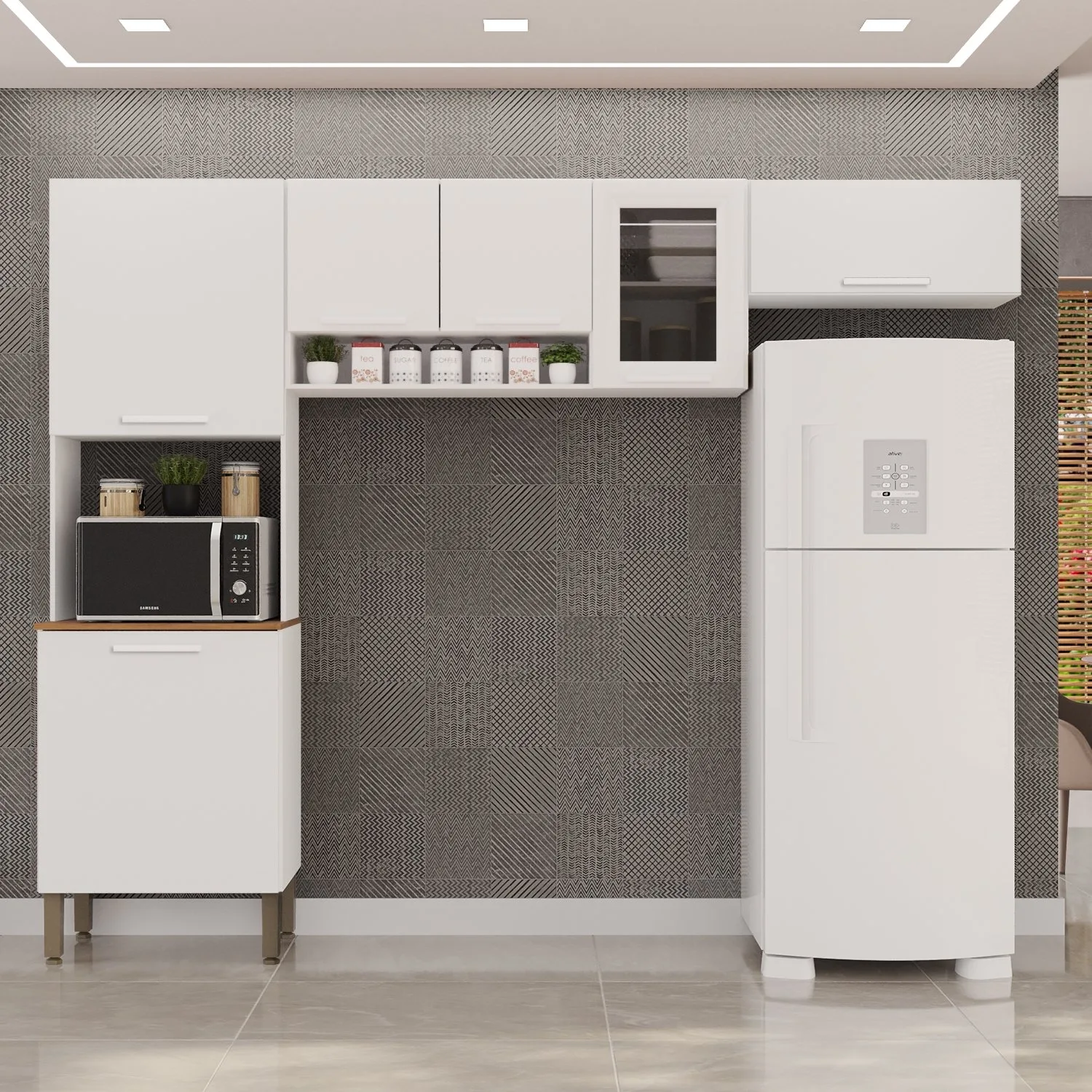 Cozinha 3 Peças (S/Balcão) New Valência (Vidro Fumê) Branco – SALLÊTO