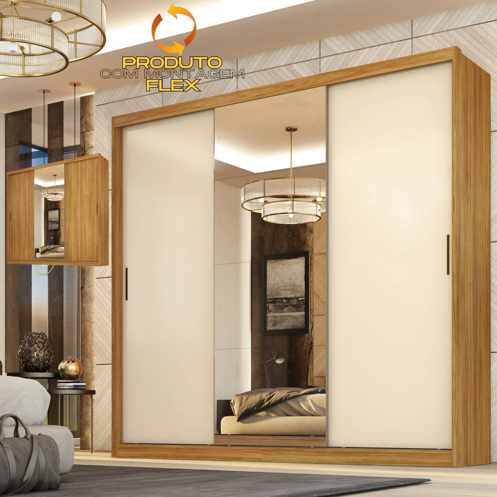 Guarda-Roupa 3 Portas Dalila 2,35 m (Com Espelho) Cinamon Touch/Off White – DEMÓBILE