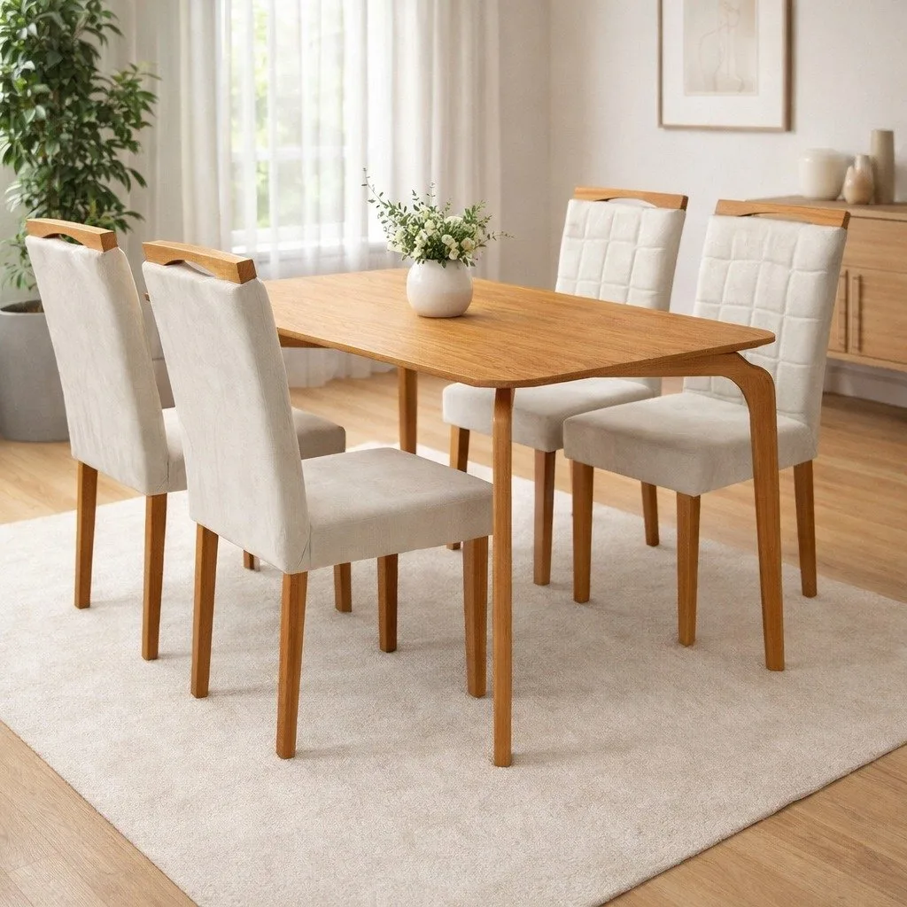 Mesa Capri 120 (S/Vidro) Laminado Natural com 4 Cadeiras Las Vegas Veludo Bege 01 – MÓVEIS VALVERDE + OURO DECOR