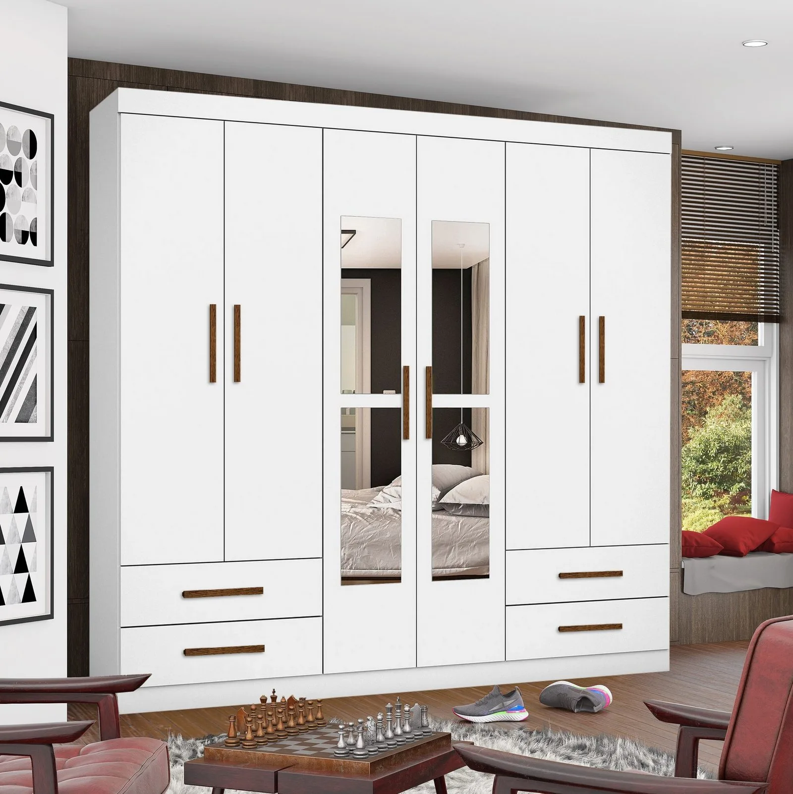 Guarda-Roupa 6 Portas Hércules(Com espelho)1,77 m Branco – CARIOCA MÓVEIS