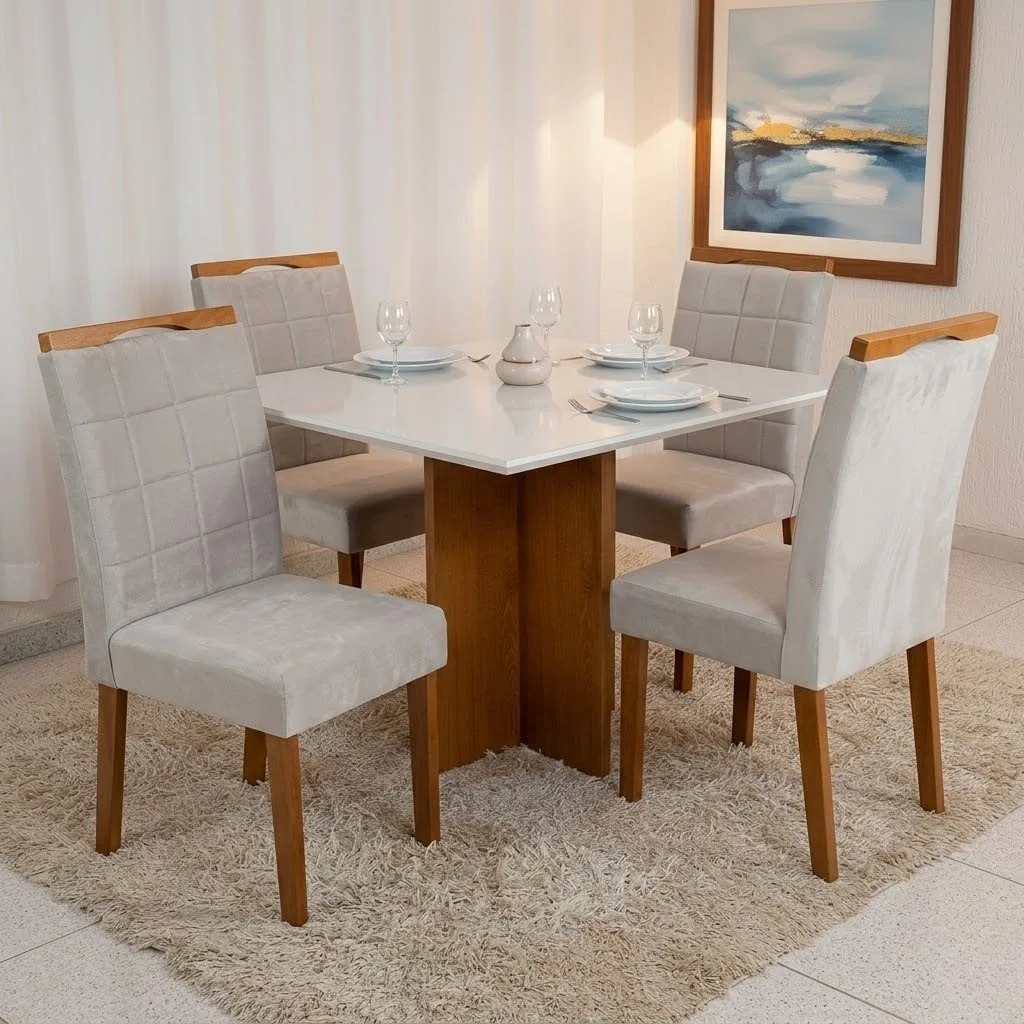 Mesa Salinas 90 (Tampo Dakota c/vidro) Cinamomo/Off White com 4 Cadeiras Las Vegas Veludo Bege 01 – CEL MÓVEIS + OURO DE