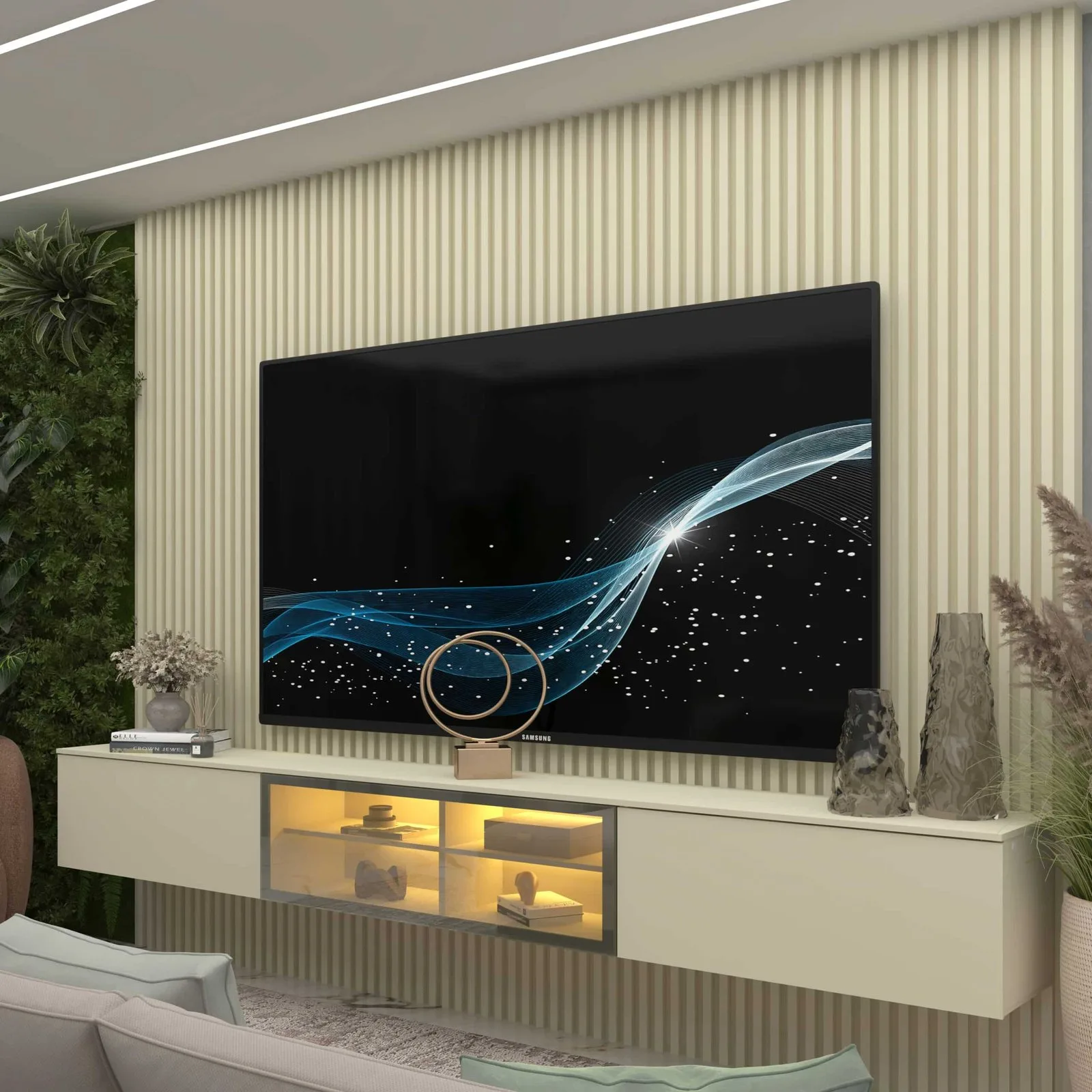 Home Suspenso até 85″ Supremo Ripado 218 Off White com Nicho Luminare Off White – GELIUS