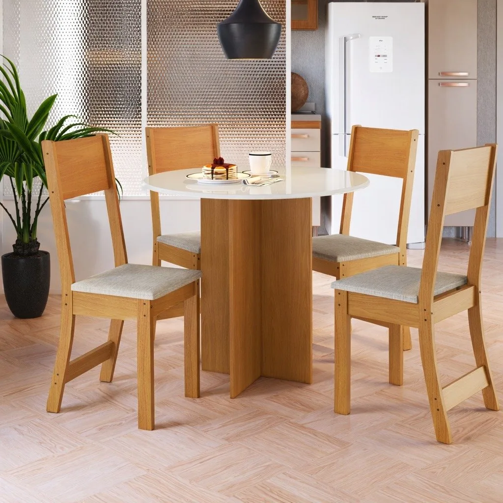 Mesa Redonda Alice 90 Freijó/Off White com 4 Cadeiras Linho Bege – INDÉKES