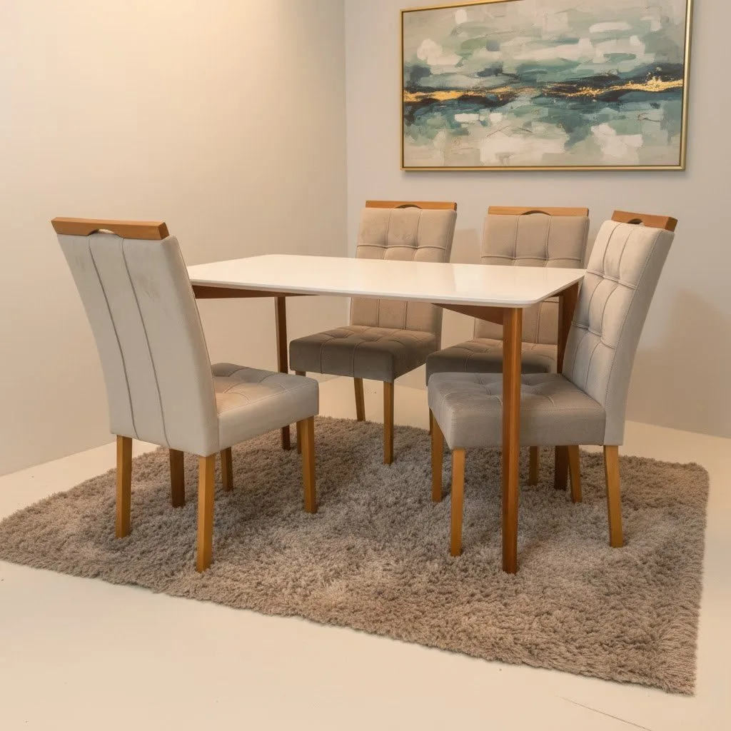 Mesa Ravena 120 Naturale/Off White com 4 Cadeiras Sophia Veludo Bege – CLEFATOS DECOR + WM DECOR