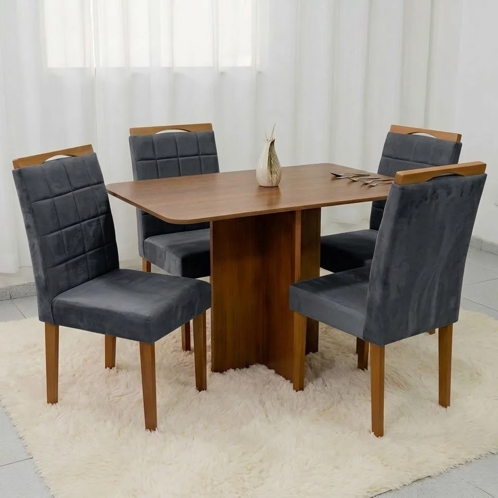 Mesa Salinas 120 (Tampo Londres s/vidro) Cinamomo/Off White com 4 Cadeiras Las Vegas Veludo Cinza Grafite 10 – CEL MÓVEI