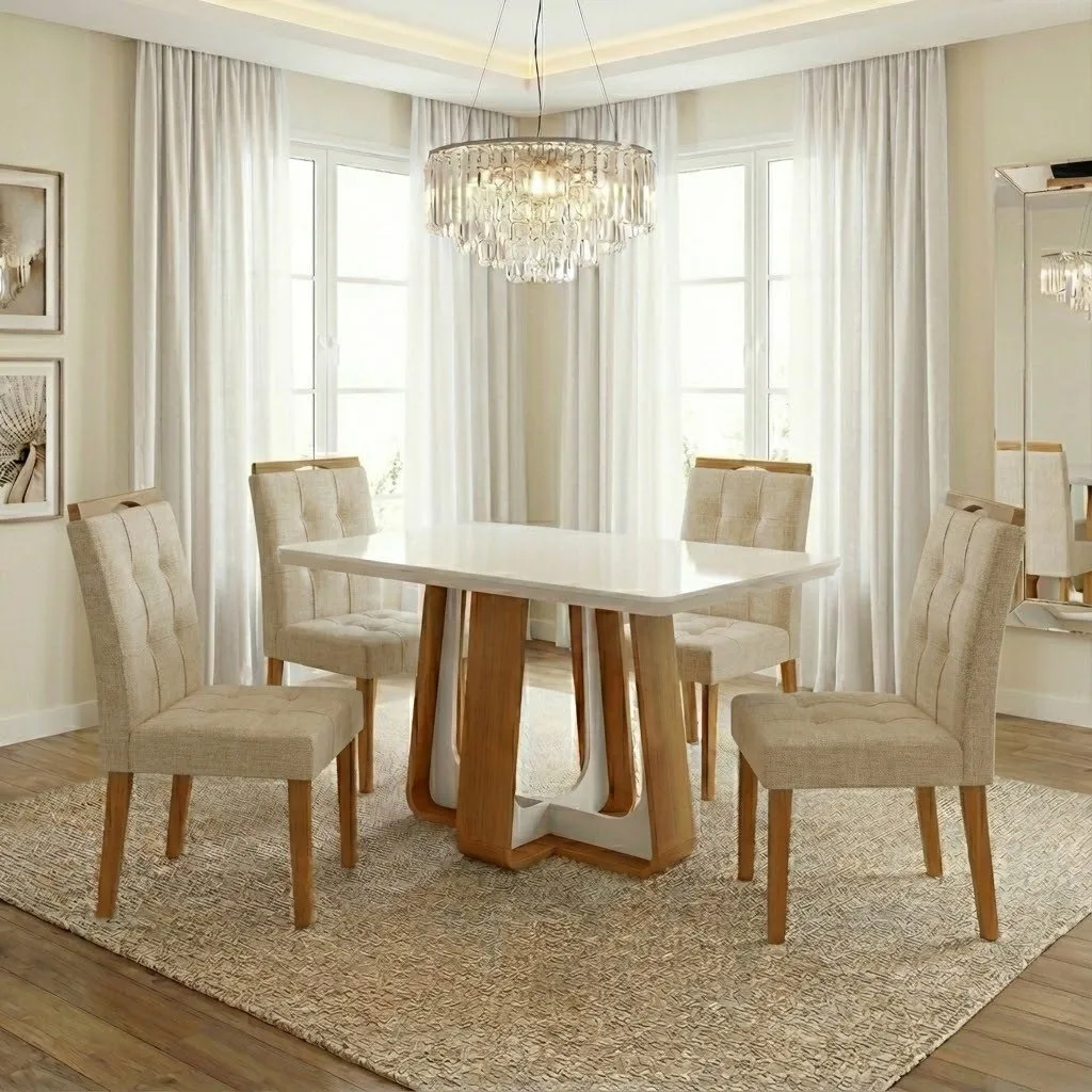 Mesa Sintonia (Tampo Maxi) 120 Amêndoa Clean/Off White com 4 Cadeiras Sophia Linho Bege 200 – LOPAS + WM DECOR