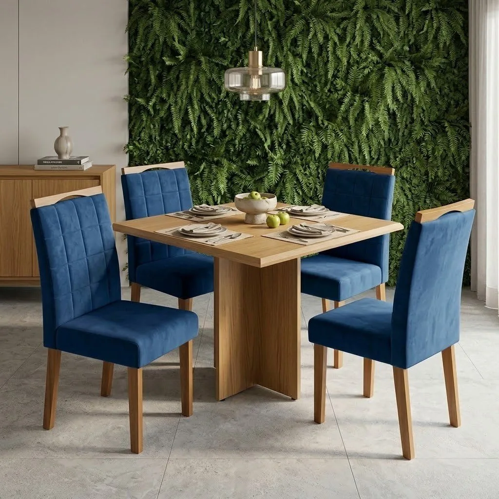 Mesa Pérola 90 Imbuia Mel (Tampo Viena s/vidro) com 4 Cadeiras Las Vegas Veludo Azul 24 – CARVALHO DECOR + OURO DECOR