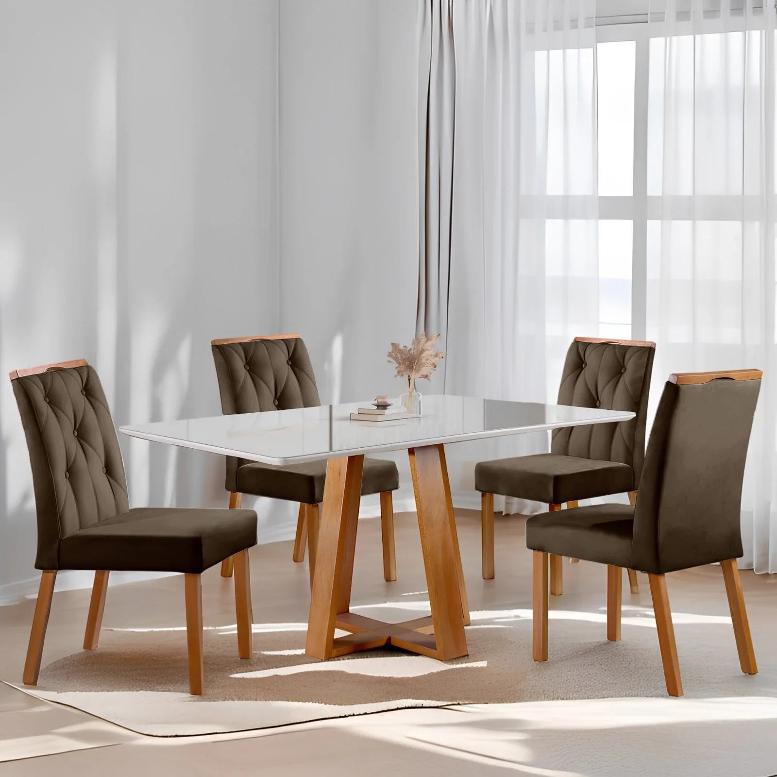Mesa Ayres 120 Mel/Off White com 4 Cadeiras Yasmim Veludo Marrom – VIEIRA DECOR