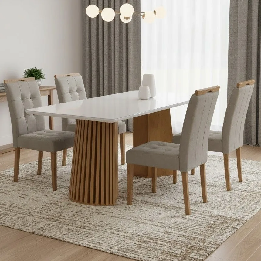 Mesa Nevada 120 (Tampo Smart Plus) Cinamomo/Off White com 4 Cadeiras Sophia Veludo Bege – CEL MÓVEIS + WM DECOR