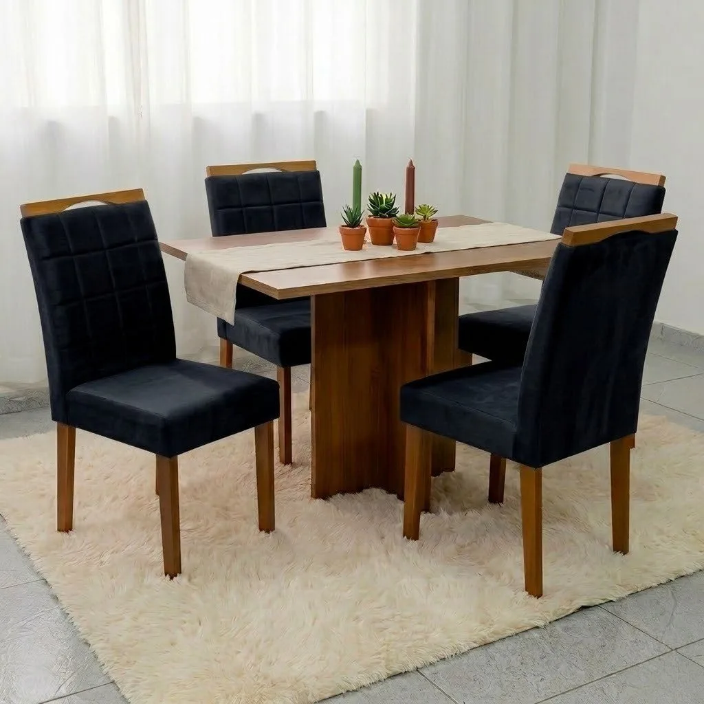 Mesa Salinas 100 (Tampo Dakota s/vidro) Cinamomo/Off White com 4 Cadeiras Las Vegas Veludo Preto 13 – CEL MÓVEIS + OURO